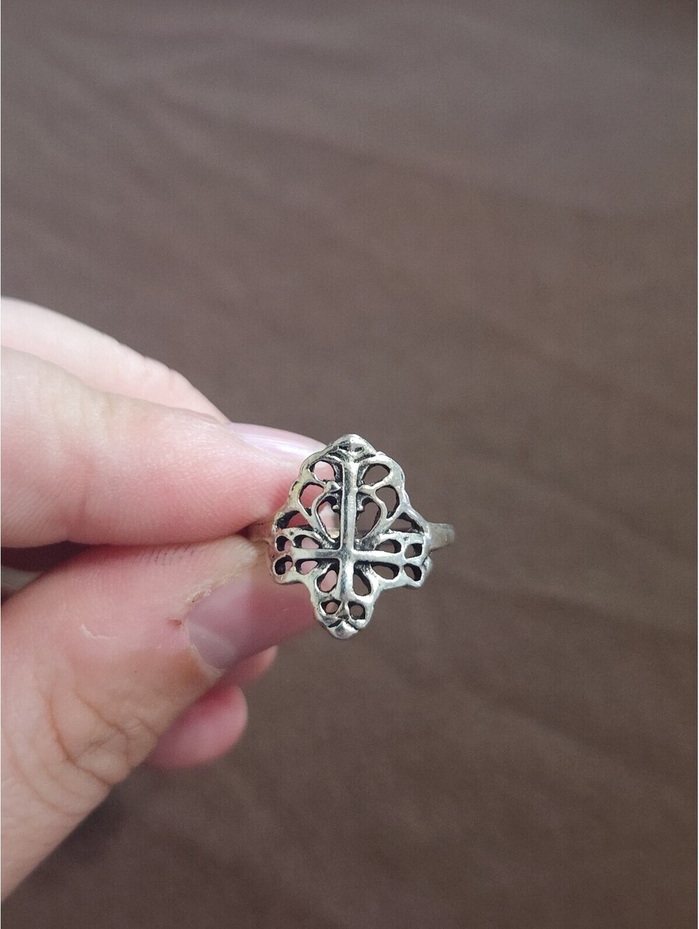 Silver Tone Cross Filigree Ring Size 5.5